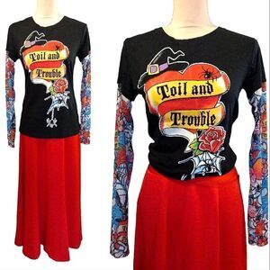 Y2K 00s Black Red Toil And Trouble Tattoo Mesh Long Sleeve Tshirt Large